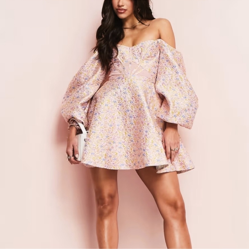 ASOS LUXE Bardot Puff Sleeve Mini Dress in Ditsy Floral Jacquard